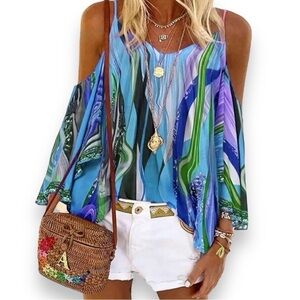 NWOT Asymmetrical Shades of Blue Adjustable Cold Shoulder Polyester Top Size XL